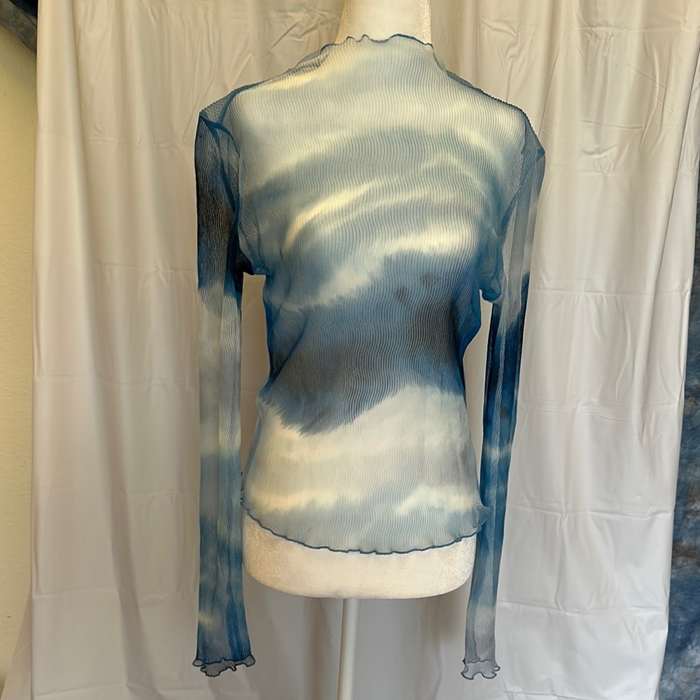 French Connection Blue Sheer Fitted Long Sleeve Blouse Sz Small